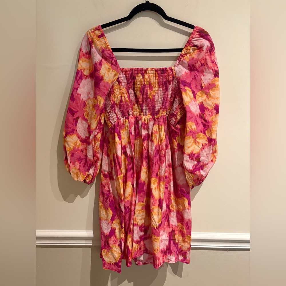 LOFT NWT Pink Floral Ikat Knotted Puff Sleeve Swing Dress Magenta Sunset Large - Picture 6 of 9